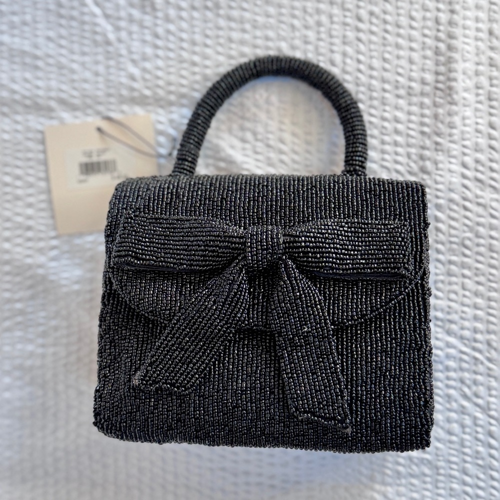 Black Beaded Mini Bow Top Handle Bag | Chain Strap | Evening Clutch | Rachel Zoe